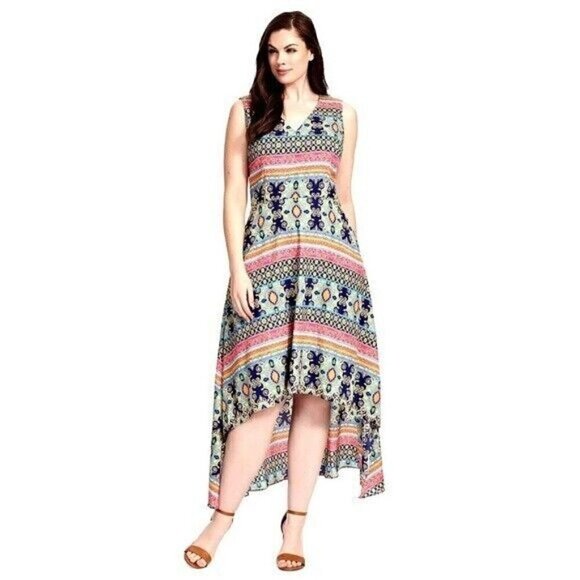 Maia Mixed Print High Low Sleeveless Sleeveless Midi Maxi Casual Dress Size 8 - Picture 1 of 11